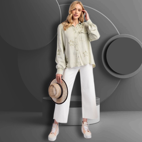 EASEL "STAR STRUCK" Super Soft Mineral Wash Lightweight Shirt, Embroidered Stars - Picture 7 of 16